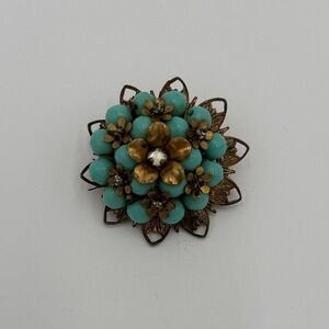 Vintage Unmarked Miriam Haskell Turquoise Glass Bead Floral Brooch Gold Filigree